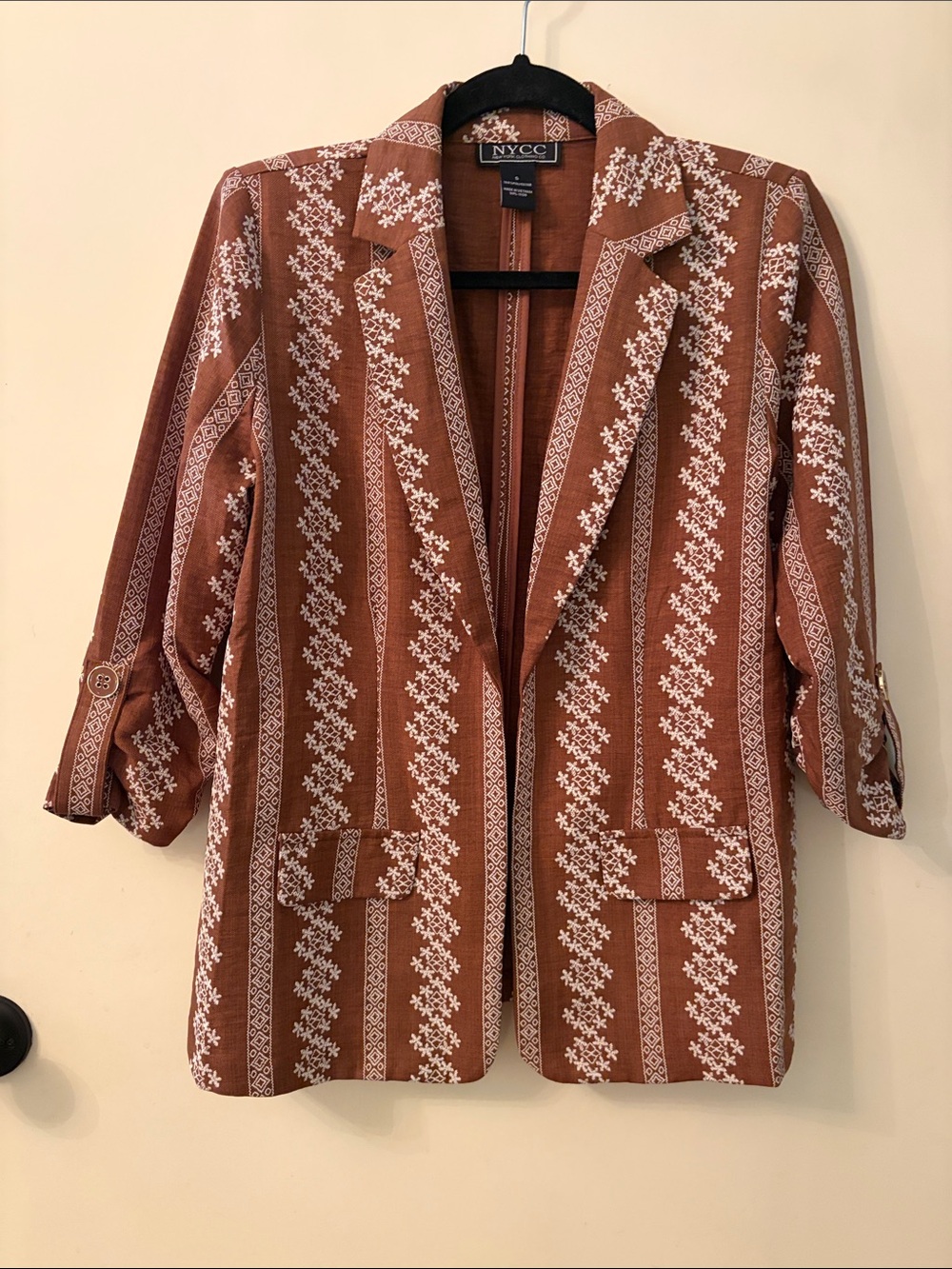 New York & Company Rust Brown and White Patterned Open Blazer